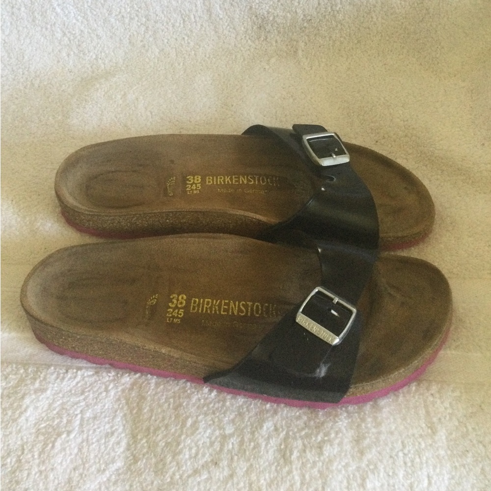 Birkenstock Madrid Patent sandals black and pink soles size 7M/38 EUR/6 UK